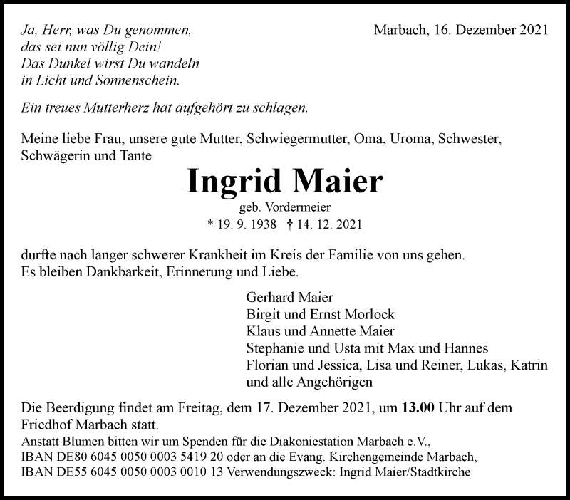  Traueranzeige für Ingrid Maier vom 16.12.2021 aus Marbacher Zeitung