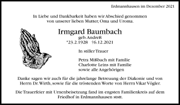 Traueranzeige von Irmgard Baumbach von Marbacher Zeitung