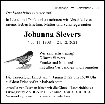 Traueranzeige von Johanna Sievers von Marbacher Zeitung