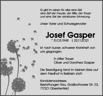 Traueranzeige von Josef Gasper von Marbacher Zeitung