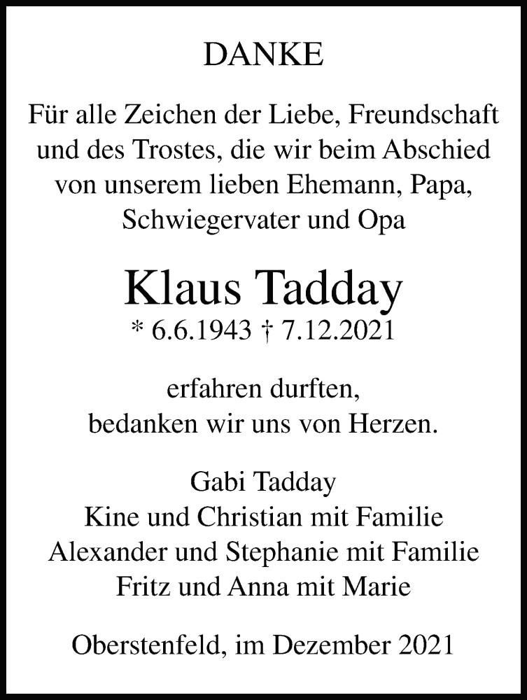  Traueranzeige für Klaus Tadday vom 24.12.2021 aus Marbacher Zeitung