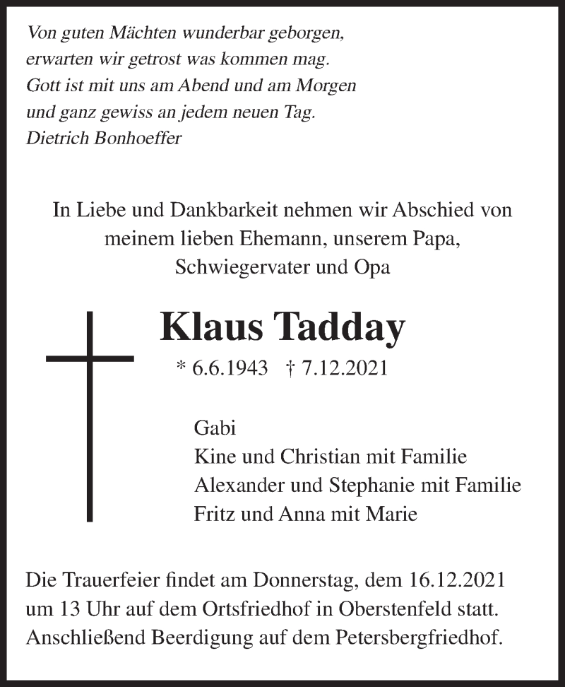  Traueranzeige für Klaus Tadday vom 11.12.2021 aus Marbacher Zeitung