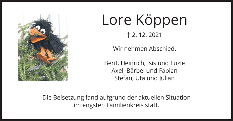  Traueranzeige für Lore Köppen vom 30.12.2021 aus Marbacher Zeitung