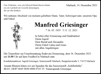 Traueranzeige von Manfred Griesinger von Marbacher Zeitung