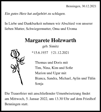 Traueranzeige von Margarete Holzwarth von Marbacher Zeitung