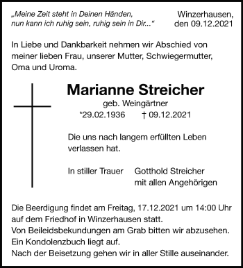 Traueranzeige von Marianne Streicher von Marbacher Zeitung
