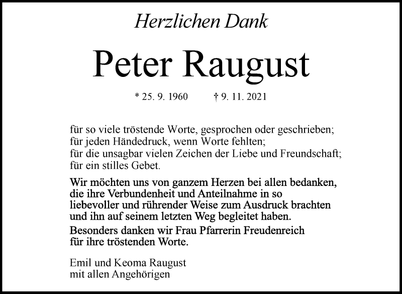  Traueranzeige für Peter Raugust vom 06.12.2021 aus Marbacher Zeitung