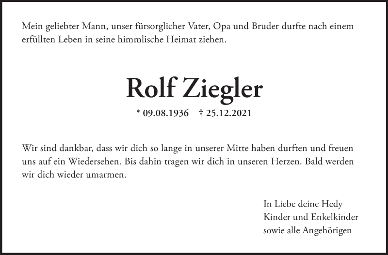  Traueranzeige für Rolf Ziegler vom 29.12.2021 aus Marbacher Zeitung