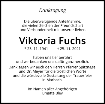 Traueranzeige von Viktoria Fuchs von Marbacher Zeitung