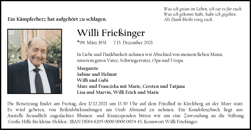  Traueranzeige für Willi Frießinger vom 15.12.2021 aus Marbacher Zeitung