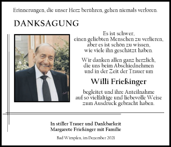Traueranzeige von Willi Frießinger von Marbacher Zeitung