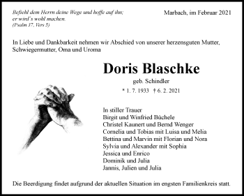 Traueranzeige von Doris Blaschke von Marbacher Zeitung