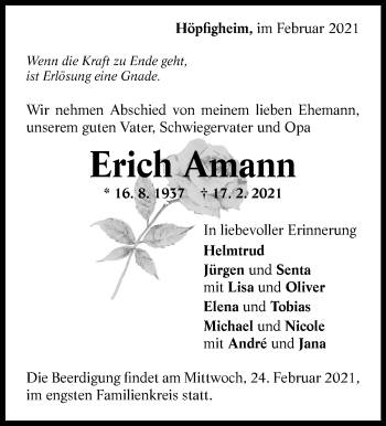 Traueranzeige von Erich Amann von Marbacher Zeitung