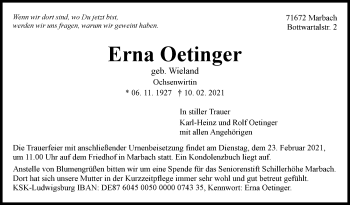Traueranzeige von Erna Oetinger von Marbacher Zeitung
