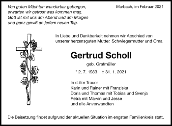 Traueranzeige von Gertrud Scholl von Marbacher Zeitung