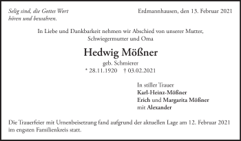 Traueranzeige von Hedwig Mößner von Marbacher Zeitung