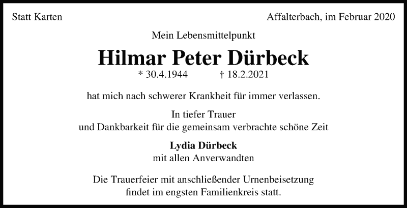  Traueranzeige für Hilmar Peter Dürbeck vom 25.02.2021 aus Marbacher Zeitung