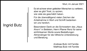 Traueranzeige von Ingrid Butz von Marbacher Zeitung