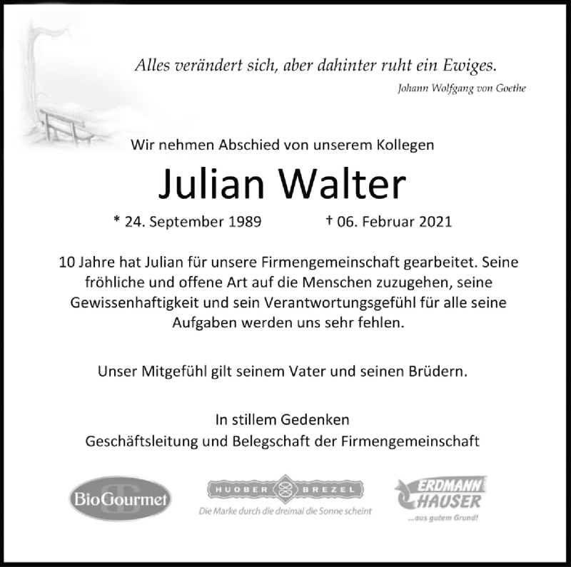  Traueranzeige für Julian Walter vom 11.02.2021 aus Marbacher Zeitung
