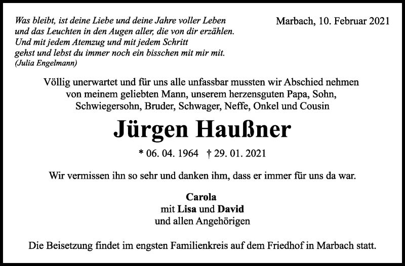  Traueranzeige für Jürgen Haußner vom 10.02.2021 aus Marbacher Zeitung
