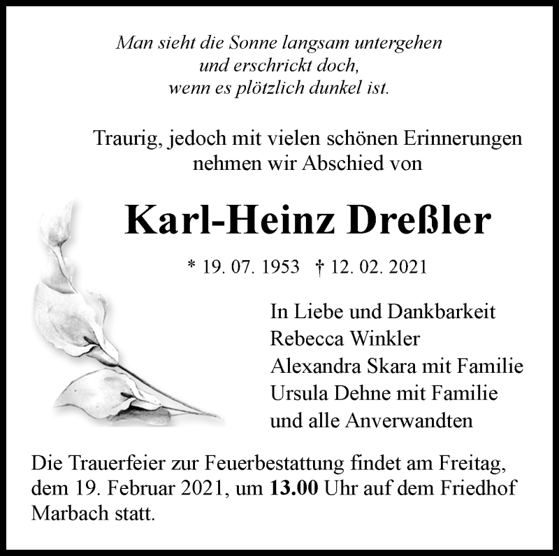  Traueranzeige für Karl-Heinz Dreßler vom 17.02.2021 aus Marbacher Zeitung