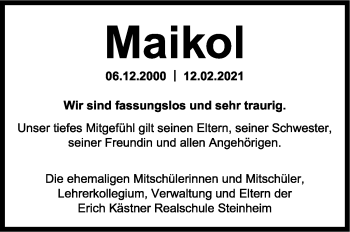 Traueranzeige von Maikol  von Marbacher Zeitung