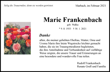 Traueranzeige von Marie Frankenbach von Marbacher Zeitung