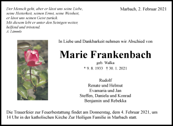 Traueranzeige von Marie Frankenbach von Marbacher Zeitung