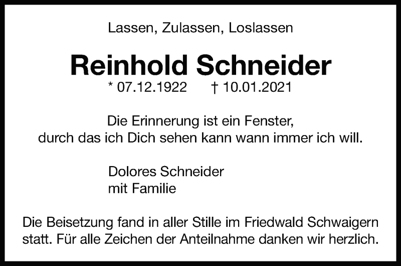  Traueranzeige für Reinhold Schneider vom 13.02.2021 aus Marbacher Zeitung