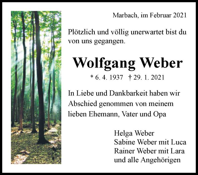  Traueranzeige für Wolfgang Weber vom 24.02.2021 aus Marbacher Zeitung