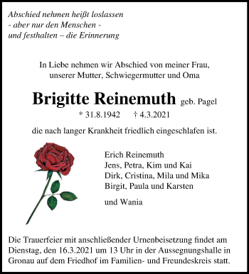 Traueranzeige von Brigitte Reinemuth von Marbacher Zeitung