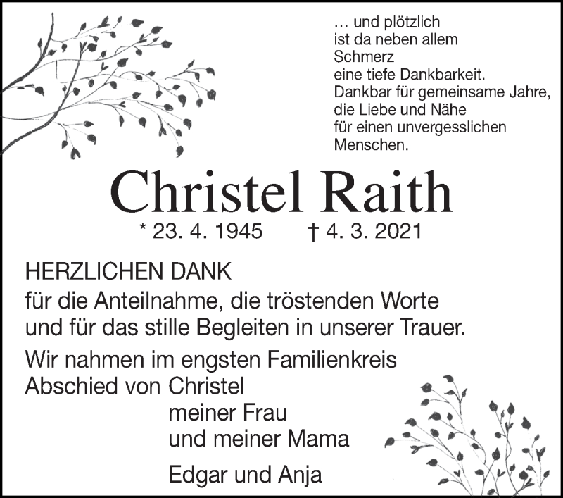  Traueranzeige für Christel Raith vom 13.03.2021 aus Marbacher Zeitung