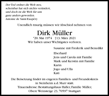 Traueranzeige von Dirk Müller von Marbacher Zeitung