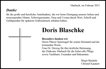 Traueranzeige von Doris Blaschke von Marbacher Zeitung