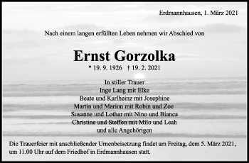 Traueranzeige von Ernst Gorzolka von Marbacher Zeitung