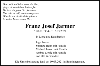 Traueranzeige von Franz Josef Jarmer von Marbacher Zeitung