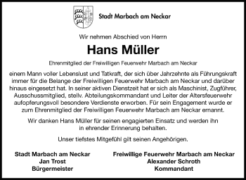 Traueranzeige von Hans Müller von Marbacher Zeitung