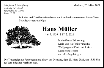 Traueranzeige von Hans Müller von Marbacher Zeitung