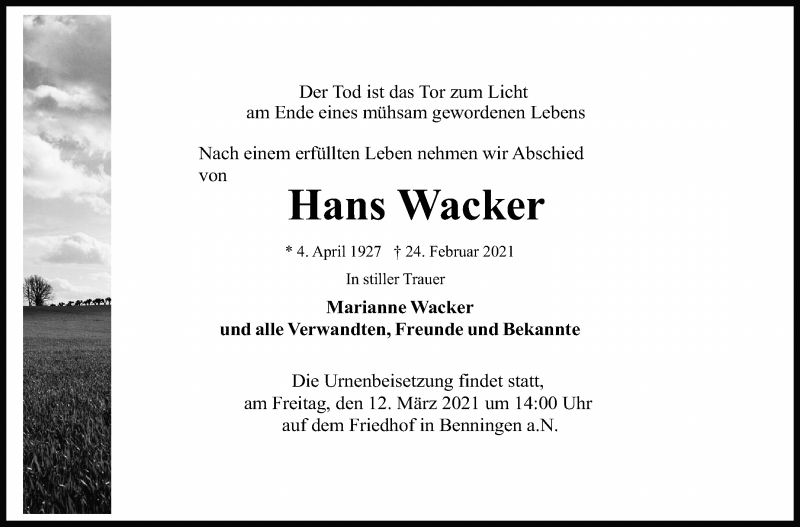  Traueranzeige für Hans Wacker vom 09.03.2021 aus Marbacher Zeitung