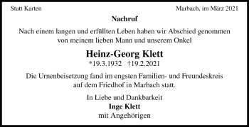 Traueranzeige von Heinz-Georg Klett von Marbacher Zeitung
