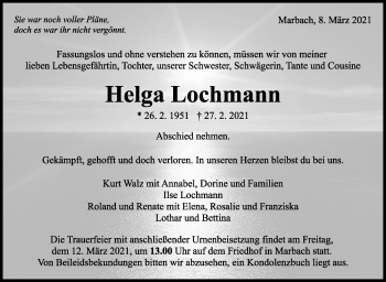Traueranzeige von Helga Lochmann von Marbacher Zeitung