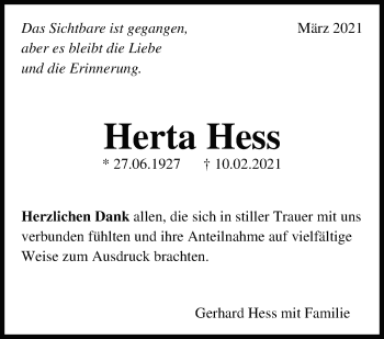 Traueranzeige von Herta Hess von Marbacher Zeitung
