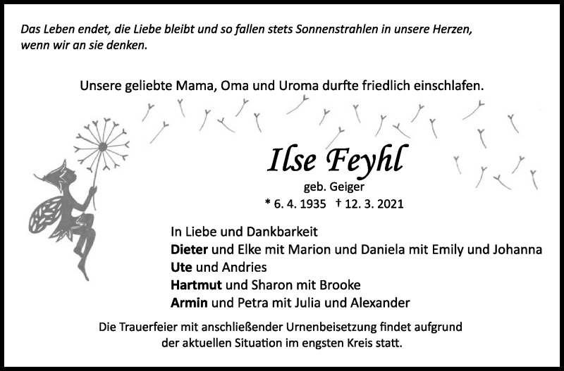  Traueranzeige für Ilse Feyhl vom 18.03.2021 aus Marbacher Zeitung