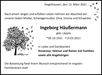 Traueranzeige von Ingeborg Häußermann von Marbacher Zeitung