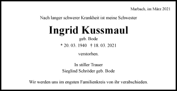 Traueranzeige von Ingrid Kussmaul von Marbacher Zeitung