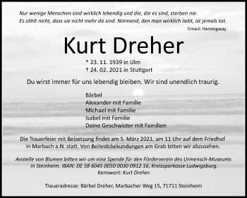 Traueranzeige von Kurt Dreher von Marbacher Zeitung