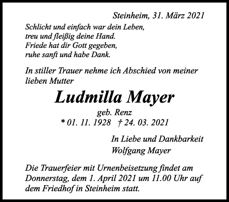  Traueranzeige für Ludmilla Mayer vom 31.03.2021 aus Marbacher Zeitung