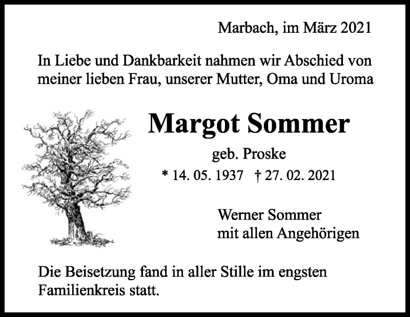  Traueranzeige für Margot Sommer vom 13.03.2021 aus Marbacher Zeitung
