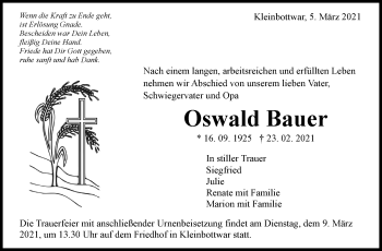 Traueranzeige von Oswald Bauer von Marbacher Zeitung