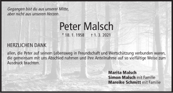 Traueranzeige von Peter Malsch von Marbacher Zeitung